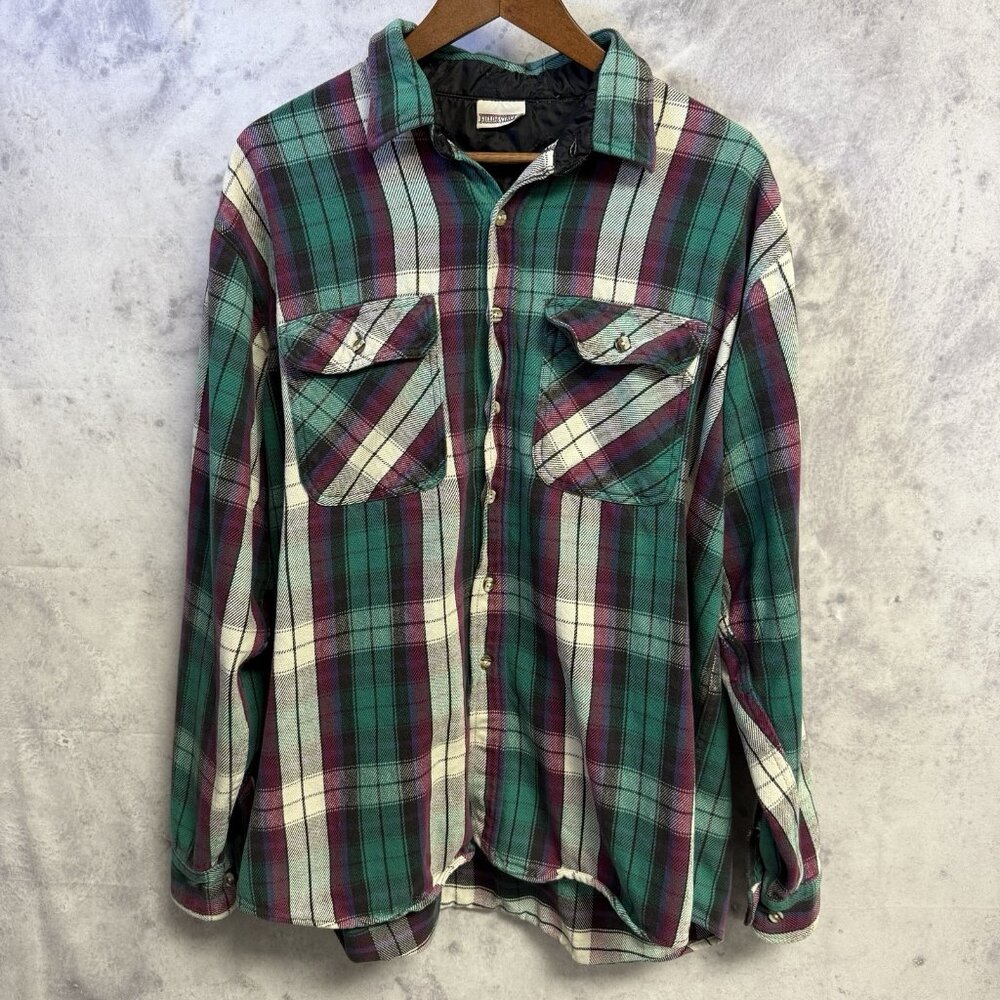 Vintage Field & Stream Plaid Flannel Purple & Green Button Shirt Size XL